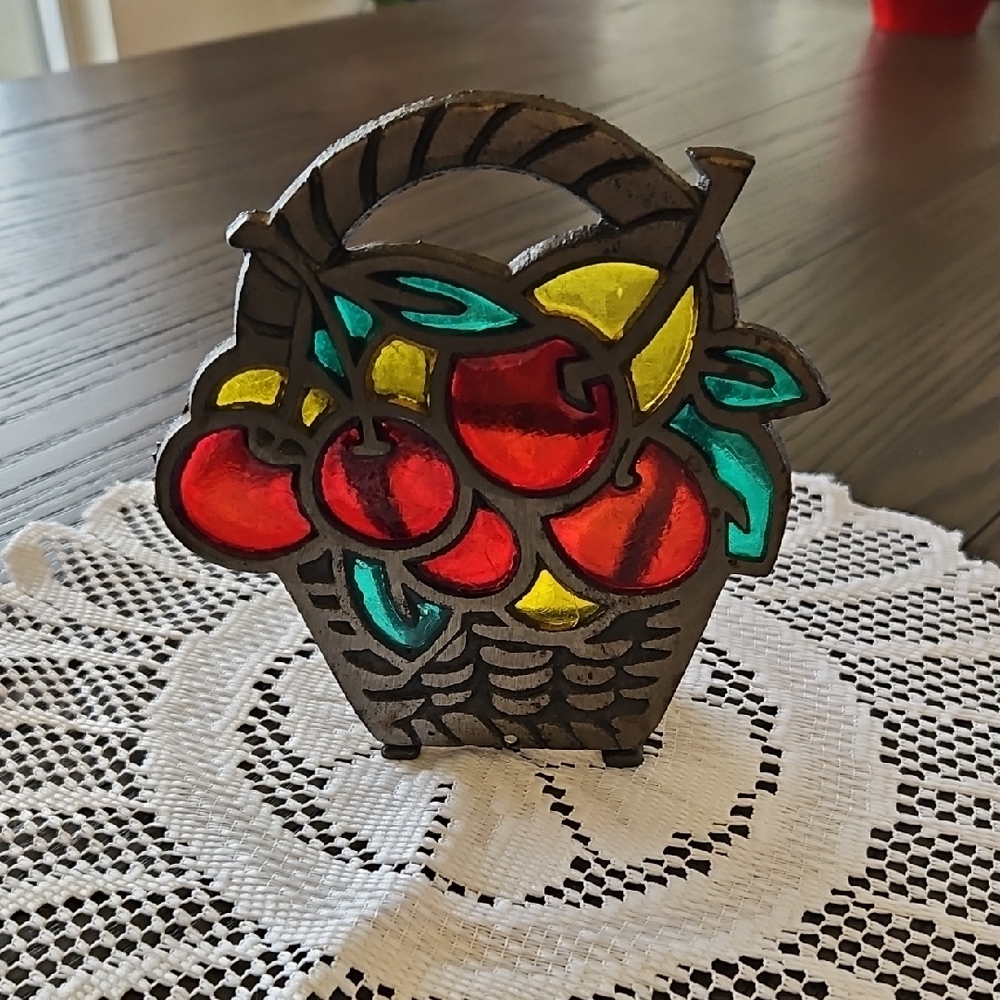 Vintage Cherry Basket Stained Glass Napkin Holder - 1970s